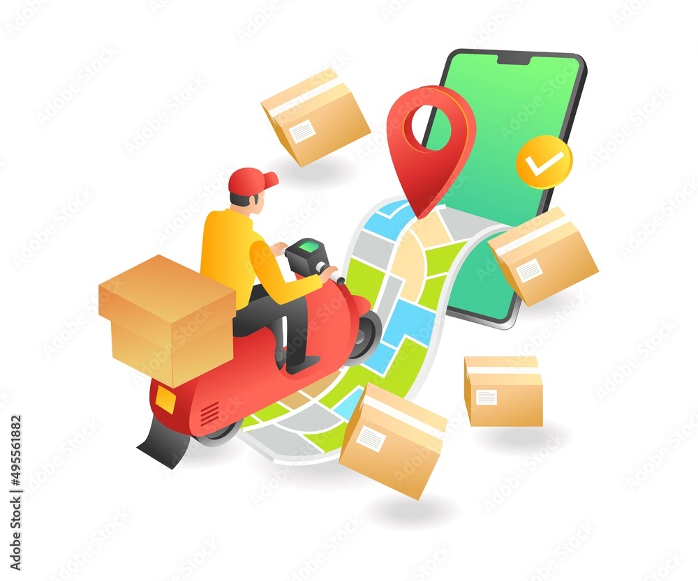 Poster Flat isometric illustration landing page concept. introduction of e-commerce goods