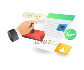 Flat isometric illustration landing page concept. full stamp on paper