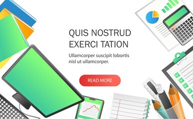 Flat isometric illustration concept. professional workplace top view mockup