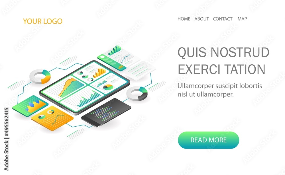 Poster landing page concept flat isometric illustration. central data analysis monitoring