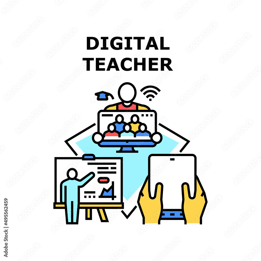 Poster digital teacher vector icon concept. digital teacher remote explain educational lesson on computer s
