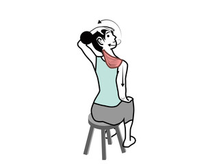 僧帽筋上部繊維のストレッチ　女性モデル　座位