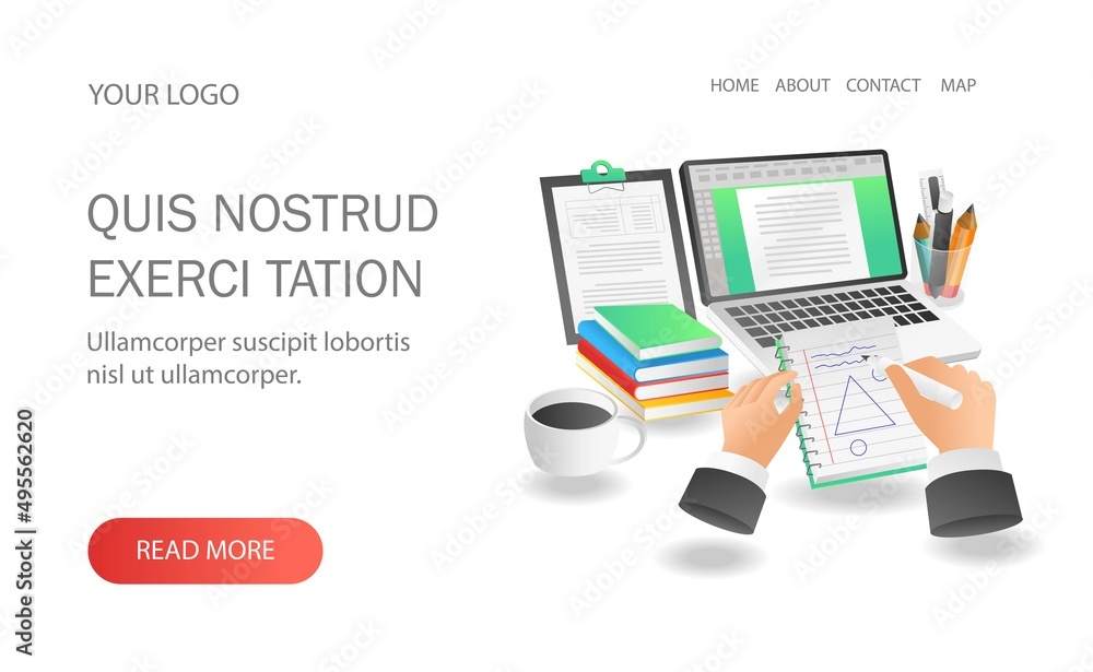 Poster Landing page concept flat isometric illustration. creative concept design in notebook and computer
