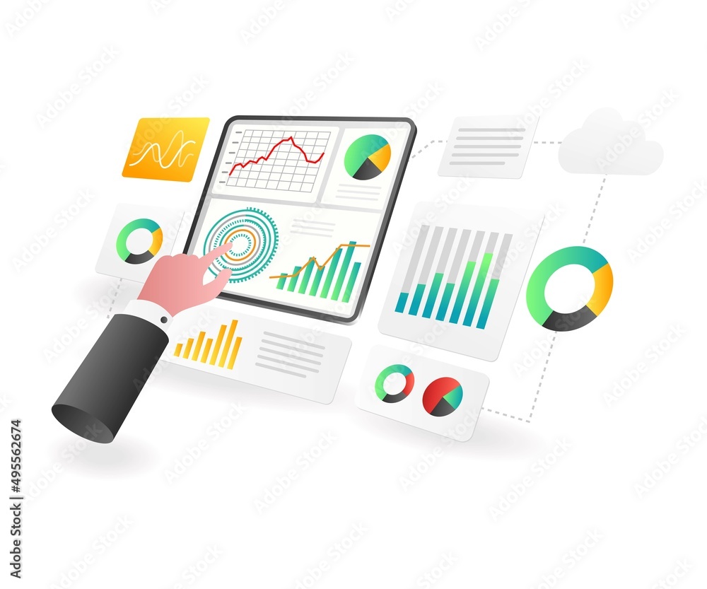 Poster landing page concept flat isometric illustration. digital transformation analytics
