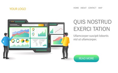 Landing page concept flat isometric illustration. data analysis monitoring team