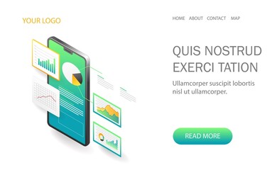 Landing page concept flat isometric illustration. data monitoring data analysis from smartphone