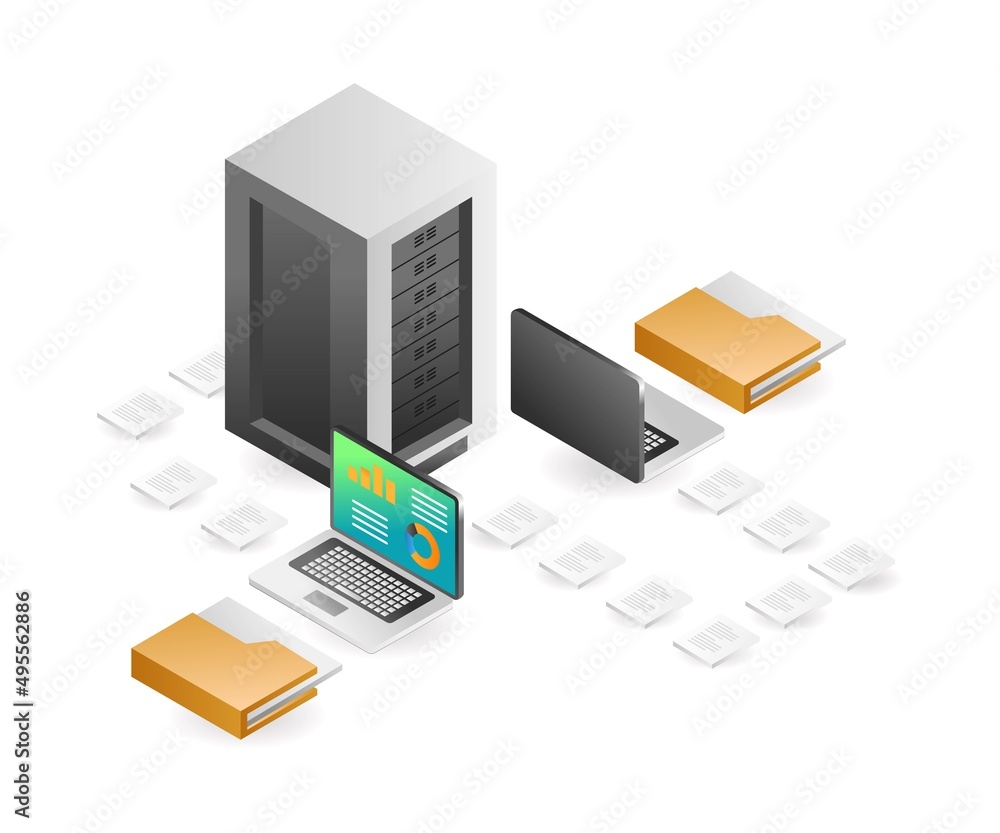 Poster landing page concept flat isometric illustration. server computer data transfer