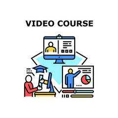 Video Course Vector Icon Concept. Online Video Course Graduation And Getting Certificate Diploma Student, Researching And Studying Remote And Online. Study And Graduation Color Illustration