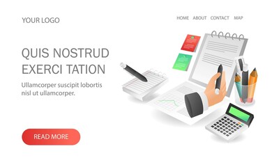 Landing page concept flat isometric illustration. note creative information