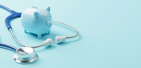 Top view of medical stethoscope and piggy bank on cyan background. Investment in health insurance...