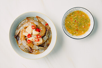 Korean style pickled shrimps (Saewoo-Jang), marinate raw shrimps with chili, garlic and soy sauce