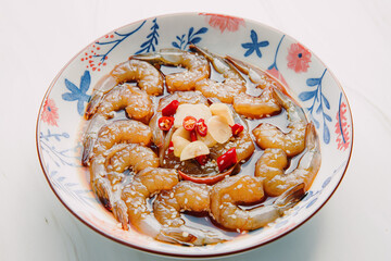 Korean style pickled shrimps (Saewoo-Jang), marinate raw shrimps with chili, garlic and soy sauce
