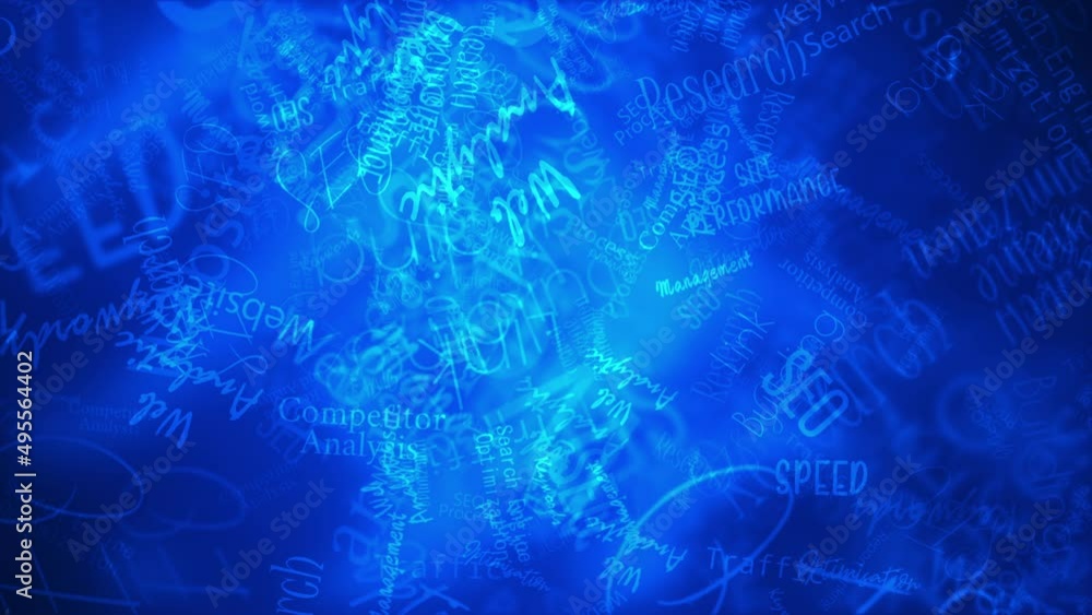 Poster blue text of seo process management word typing motion animation on blue background. 4k 3d for eleme