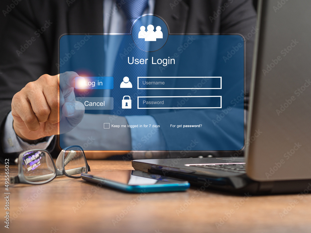 Aufkleber businessman in a suit touching login button to the network system on a virtual screen