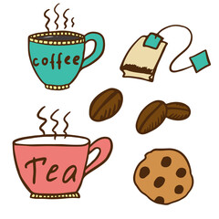 colorful doodle set of coffee, tea and cookies isolated on white background