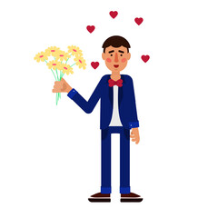 Man in love with bouquet of flowers in his hands. Wearing a suit with a bow tie. Hearts in the air.
