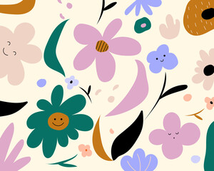 Abstract flowers with smiling faces. Unique shapes. Doodle cartoon style. Garden flower, plants ,botanical ,seamless pattern vector design for fashion, fabric, wallpaper and all prints