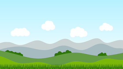 Obraz na płótnie Canvas landscape cartoon scene with green hills and white cloud in summer blue sky background