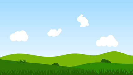Fototapeta premium landscape cartoon scene with green hills and white cloud in summer blue sky background