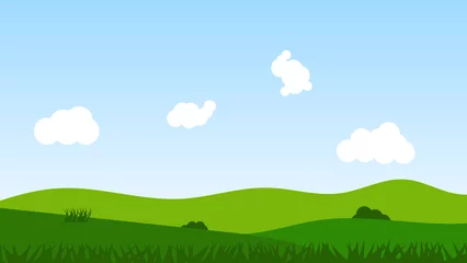 Schilderijen op glas landscape cartoon scene with green hills and white cloud in summer blue sky background © piggu