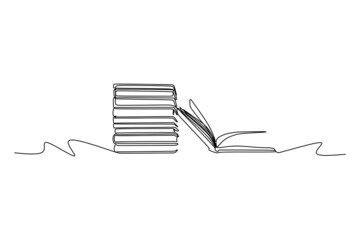 Simple single line drawing of books on the table. Line art design for educational concept - obrazy, fototapety, plakaty