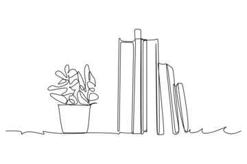 continuous single line book and plant on the table drawing.  Line art drawing with abstract shape. Plant Art design for print, cover, wallpaper