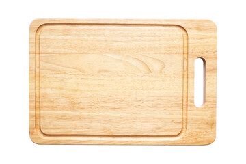 Top view of wooden chopping board isolated on white background