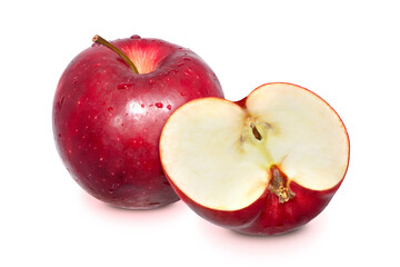 Whole ripe red apple and half cut isolated on white background. Clipping path.	
