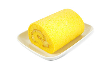 Durian sweet roll cakes putting on white ceramic plate isolated on white background.	
