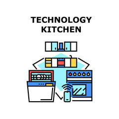 Kitchen Technology Vector Icon Concept. Kitchen Technology For Monitoring And Using Electronic Device And Utensil, Cooking And Washing Plates And Remote Control Of Technic Color Illustration