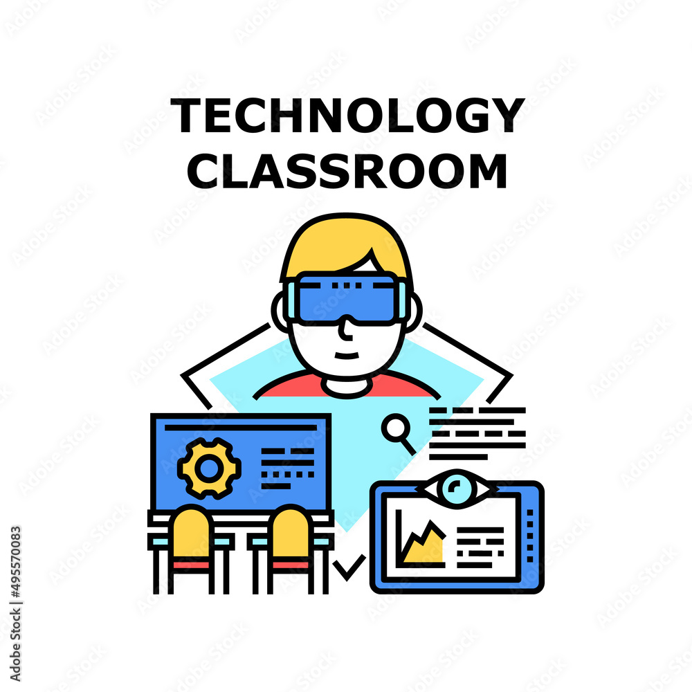 Poster technology classroom vector icon concept. technology classroom for learning and studying computer so