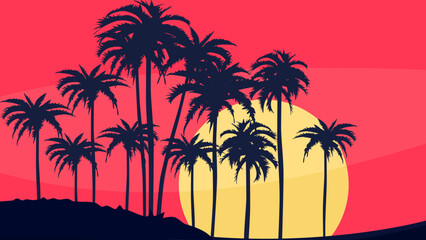 Plakat evening on a beach with palm trees. Colorful pictures for summer vacations