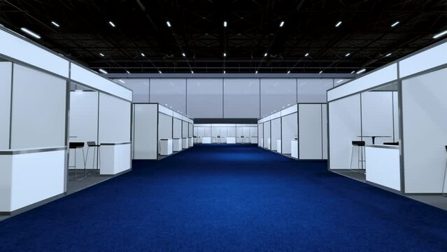 Motion Exhibition standing for mockup and Corporate ,Display.Empty booth design elements in Exhibition hall.Blank booth 3d illustration for trade show.Booth system with banner for Graphic.3d render.	