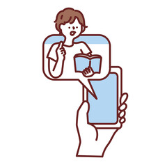 スマートフォンを持った人のイラスト(スマホ、SNS、キャッシュレス、リラックス、お得な情報) Illustration of a man holding a smartphone.Smartphones, SNS, cashless, relaxing.