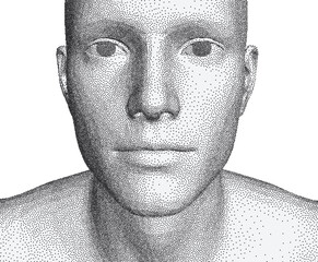 Abstract man head made from dots. Cover design template. Facial recognition. Technology concept. Cyber security vector illustration. 3D vector illustration for banner, flyer, poster or brochure.