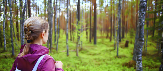 spring forest female windbreaker trekking, springtime rest nature landscape background woman tourist © kichigin19