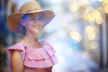 sun tourism mediterranean city female, sunny glare background, abstract old town, vacation street...
