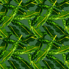 Abstract banana leaf seamless pattern. Camouflage background of tropical leaves.