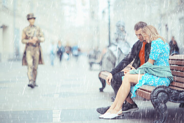 romance couple rain city, lovers man and woman relationship love