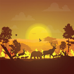 Wildfire silhouettes background, Forest fire vector