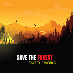 Fototapeta premium Wildfire silhouettes background, Forest fire vector