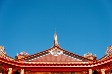 Close up of roof details on historic temple in China