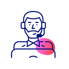 Young professional man wearing headset working as a call center agent. Pixel perfect, editable stroke, line art icon