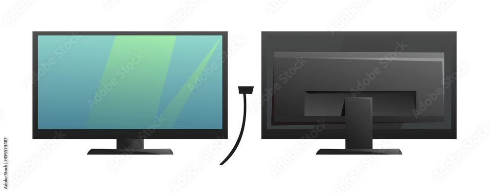 Wall mural computer monitor power. front and back views. cartoon style. object isolated on white background. ve