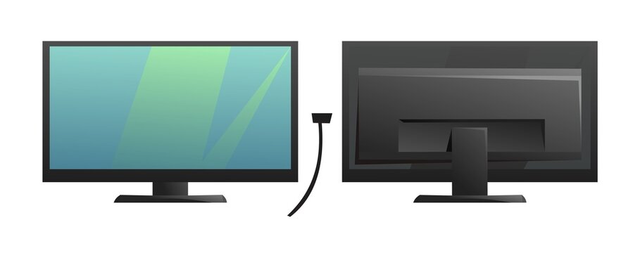Computer monitor power. Front and back views. Cartoon style. Object isolated on white background. Vector