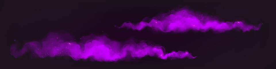 Purple magic dust trails with sparkles and glitter. Horizontal powder cloud tracks, Holi paints, violet color mysterious haze splashes on black background, Realistic design 3d vector illustration - obrazy, fototapety, plakaty