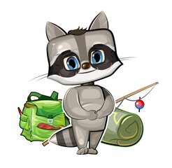 Funny cute baby Raccoon. He asks to take him fishing. Backpack m fishing rod. Naive animal child. Cartoon flat style. Illustration for children. Isolated over white background. Vector