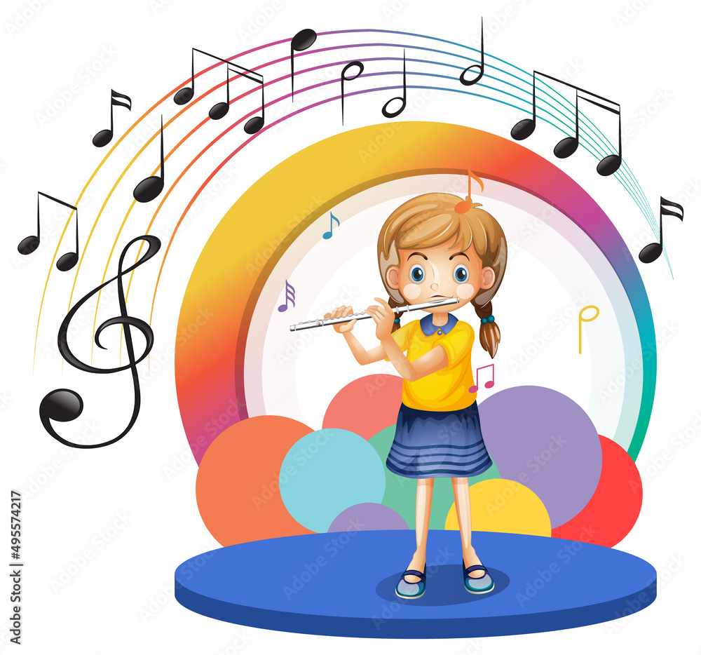 Wall mural Cute girl playing flute cartoon