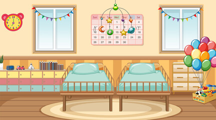 Room with baby beds and balloon