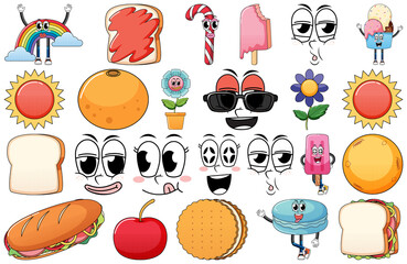 Set of facial expression with vintage style food cartoon on white background